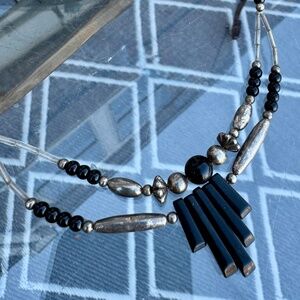Delicate black and silver tone beaded necklace